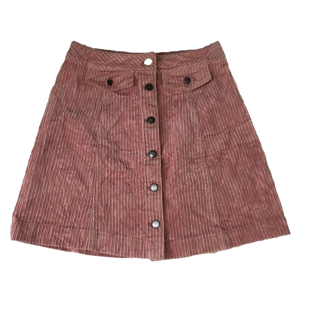 H&M Pink Corduroy Button Front A-Line Mini Skirt Mauve Boho Size 2